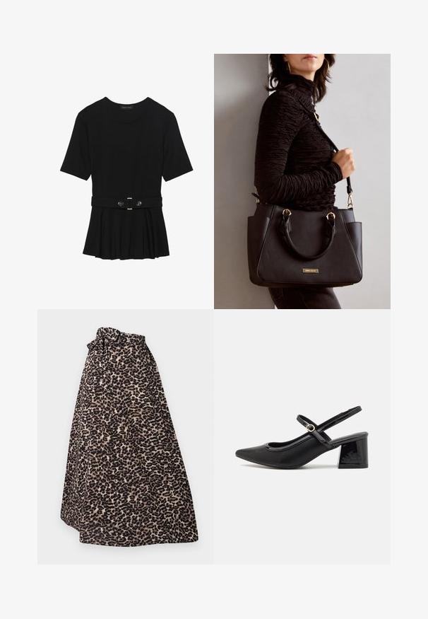 Czarna bluzka krótki rękaw wykonana z gładkiego materiału, z fasonem peplum i paskiem w talii z dwoma okrągłymi, srebrnymi guzikami.; Spódnica maxi w leopardzi wzór w odcieniach brązu i czerni, wykonana z miękkiego materiału, z wiązanym paskiem w talii i plisowanym kroju, który zapewnia swobodny kształt.; Czarne lakierowane czółenka na słupku ze spiczastym noskiem, lekko zaokrąglonym wycięciem i obcasem w kształcie bloku. Posiadają złotą klamrę jako akcent dekoracyjny.; Czarna torebka z teksturowanej powierzchni, podwójnymi uchwytami na górze i regulowanym paskiem na ramię. Posiada złote okucia i boczne kieszenie.