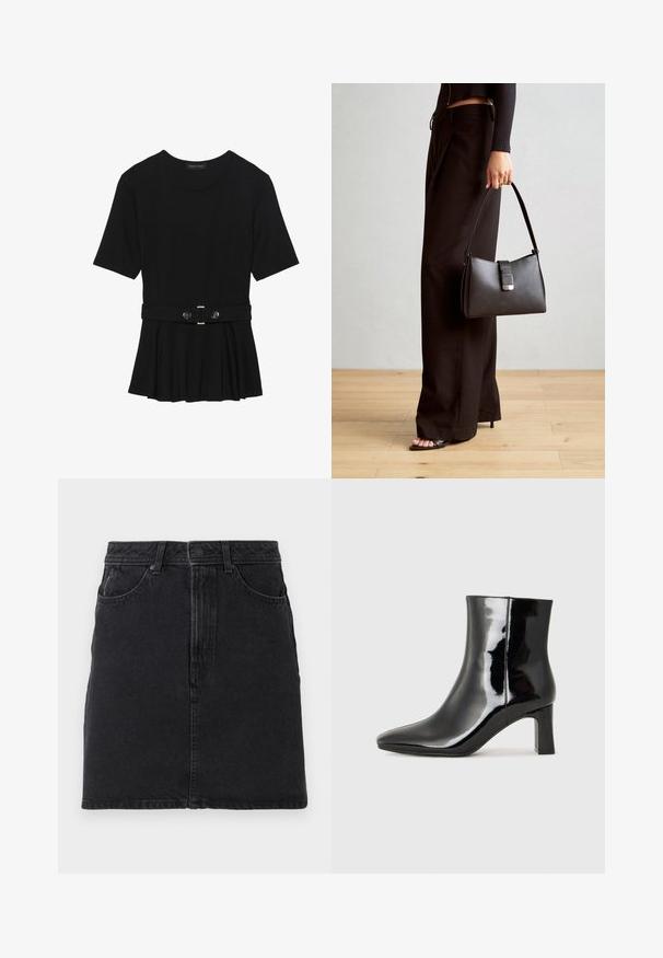 Top negru cu mâneci scurte, realizat dintr-un material neted, cu un design peplum și o talie beltată cu două butoane rotunde de culoare argintie.; Fustă din denim negru, cu o croială dreaptă, având închidere frontală cu nasture și fermoar, două buzunare frontale și detalii simple de cusătură.; Botine negre din piele lacuită, cu vârful ascuțit și toc bloc de înălțime medie. Textură netedă și design minimalist.; Genți negre cu o formă structurată, textură netedă și un închizător metalic. Asortată cu pantaloni negri largi și sandale cu vârf deschis pe un podea din lemn.