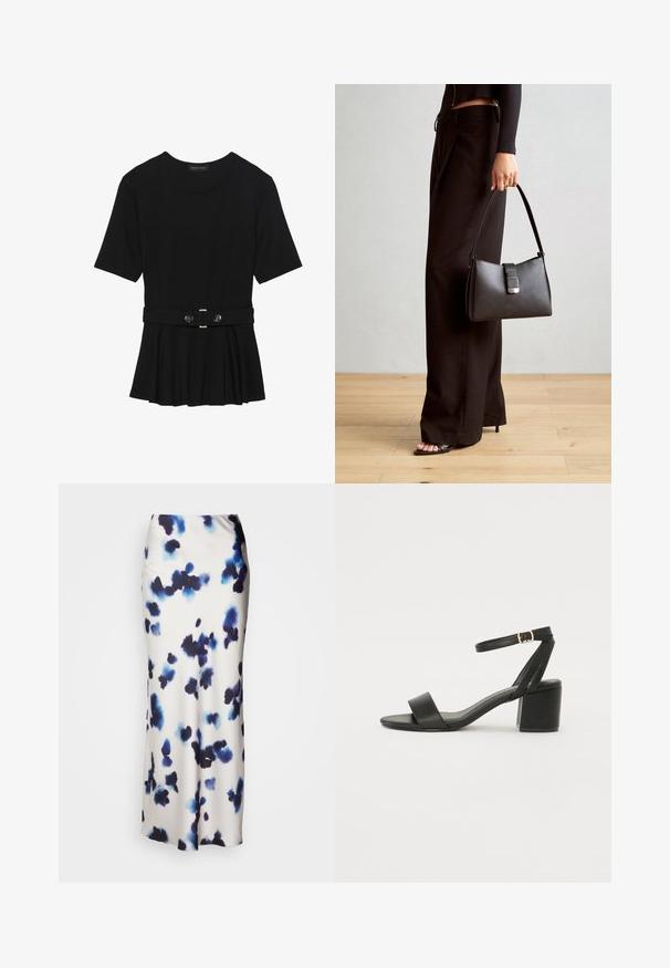 Fekete, rövid ujjú felső sima anyagból, peplum fazonnal és övvel a deréknál, két kerek, ezüst árnyalatú gombbal.; Lindex SKIRT MARY - Maxi szoknya - light beige; Fekete magassarkú szandál sima bőr felső résszel, nyitott orral, széles elülső pántokkal és állítható bokapánttal, arany csat részlettel.; Fekete kézi táska strukturált formával, sima textúrával és fémből készült záródással. Széles fekete nadrággal és nyitott orrú szandállal párosítva, fából készült padlón.