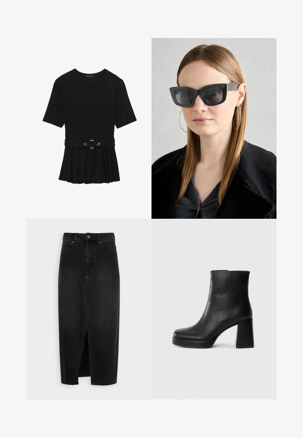 Top negro de manga corta fabricado en un material suave, con un diseño de peplum y una cintura ceñida con un cinturón que incluye dos botones redondos en tono plateado.; Falda de mezclilla negra, hasta la rodilla, con una abertura frontal, cinturilla estándar y herrajes de botón en tono cobrizo. Textura suave, diseño clásico.; Botín de cuero negro con tacón cuadrado y suela de plataforma, visto de lado sobre un fondo blanco liso.; Gafas de sol de gato negro con lentes oscuros, montura gruesa y acentos sutiles. Llevadas con un abrigo negro y una blusa gris, presentando cabello largo y liso.