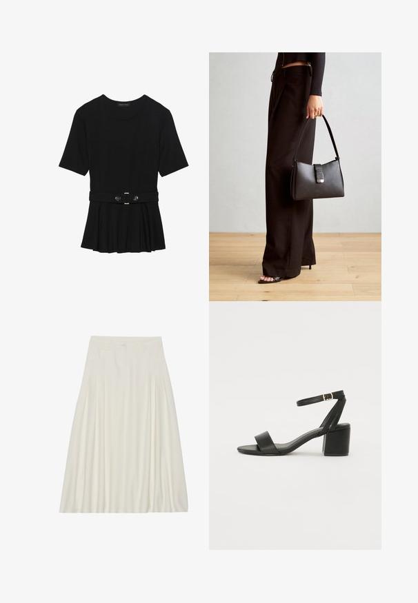 Svart kortermet topp laget av glatt materiale, med en peplum-design og en belted midje med to runde knapper i sølvfarge.; Hvit knelang skirt laget av lett materiale med folder, et liv med knappelukking og sidelommer.; Sorte hælede sandaler med en glat læderoverdel, åben tå, brede frontstropper og justerbar ankelstrop med en gold spænde detalje.; Svart håndveske med strukturert form, jevn tekstur og metallisk lås. Kombinert med brede svarte bukser og sandaler med åpen tå på tregulv.