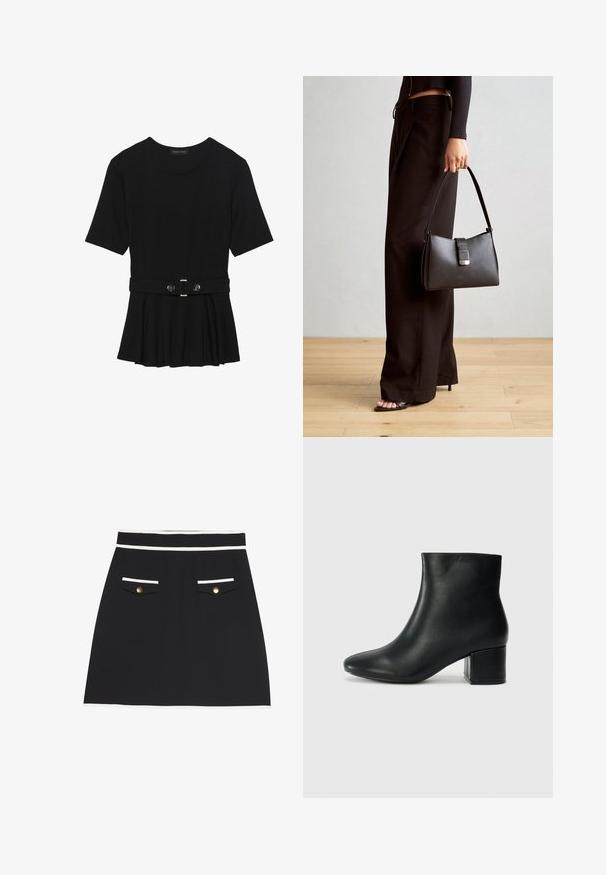 Crna majica kratkih rukava od glatkog materijala, s peplum dizajnom i pojasom s dva okrugla srebrna dugmeta.; Crna suknja s bijelim rubom na pojasu i džepovima. Ima dva prednja džepa s zlatnim gumbima. Glatka tekstura tkanine.; Crne kožne čizme do članaka s uskim vrhom i debelim potplatom. Glatka tekstura s minimalnim detaljima i elegantan, prilagođen dizajn.; Crna torba s oblikom koji sadrži strukturu, glađu teksturu i metalnu kopču. Uparena s širokim crnim hlačama i sandalama na otvorenom s drvenog poda.