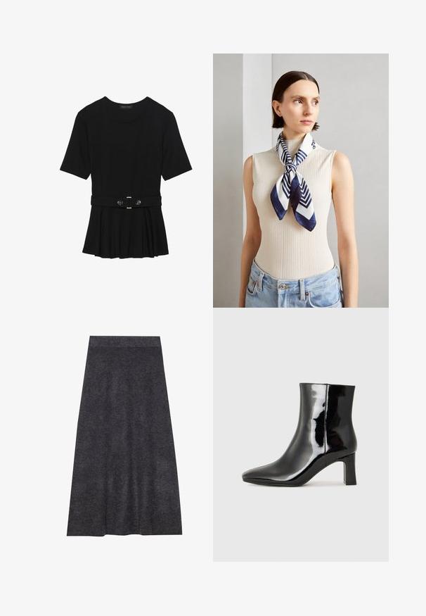 Fekete, rövid ujjú felső sima anyagból, peplum fazonnal és övvel a deréknál, két kerek, ezüst árnyalatú gombbal.; Sötétszürke, térdhez érő kötött szoknya sima felülettel és derékpánttal. A-vonalú sziluett egyenletes szegéllyel, a kényelem és a sokoldalúság jegyében tervezve.; Fekete lakk bőrcipő bokáig érő, hegyes orral és közepes magasságú tömbsarokkal. Simább textúrával és minimalista dizájnnal rendelkezik.; Sötétkék és fehér selyem sál geometrikus zigzag mintával. Sima textúra, szépen megkötve a nyak körül, ami kiegészíti a bordázott felsőt.; Fekete bőrtáska arany fém kiegészítőkkel, téglalap alakú, fedeles záródású, állítható vállpánttal, sima felületű, minimális dizájnnal.