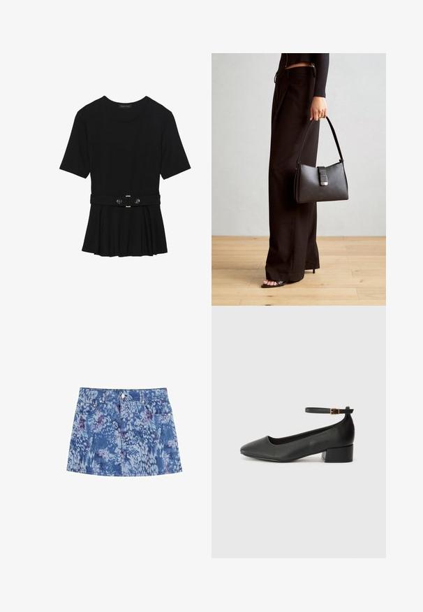 Schwarzes Kurzarmoberteil aus glattem Material, mit einem Peplum-Design und einem taillierten Bund, der mit zwei runden, silberfarbenen Knöpfen ausgestattet ist.; Denim-Minirock mit einem blau-violetten Batikmuster, fünf Taschen-Design und verschluss mit einer Knopfleiste an der Vorderseite aus silberfarbenem Metall.; Schwarze Lederpumps mit spitzem Zehenbereich und niedrigem Blockabsatz. Mit einem Knöchelriemen und einer goldfarbenen Schnalle. Glatte Textur.; Schwarze Handtasche mit strukturierter Form, glatter Textur und einem metallischen Verschluss. Kombiniert mit weiten schwarzen Hosen und offenen Sandalen auf einem Holzboden.