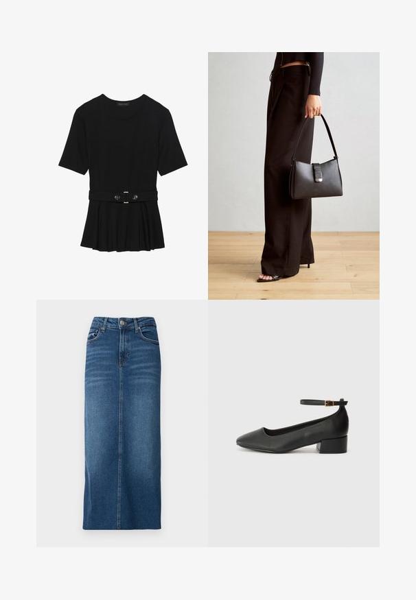 Top preto de mangas curtas, feito de material suave, com design peplum e uma cintura cinto com dois botões redondos em tom prateado.; Saia midi de ganga em azul escuro, com corte reto, fecho frontal por botões e design de cinco bolsos. Textura suave com detalhes ligeiramente desbotados.; Sandal de pele preta com bico pontiagudo e um salto bloco baixo. Apresenta uma tira no tornozelo com uma fivela em tom dourado. Textura suave.; Bolsa preta com forma estruturada, textura suave e um fecho metálico. Combinada com calças largas pretas e sandálias de salto aberto sobre um chão de madeira.
