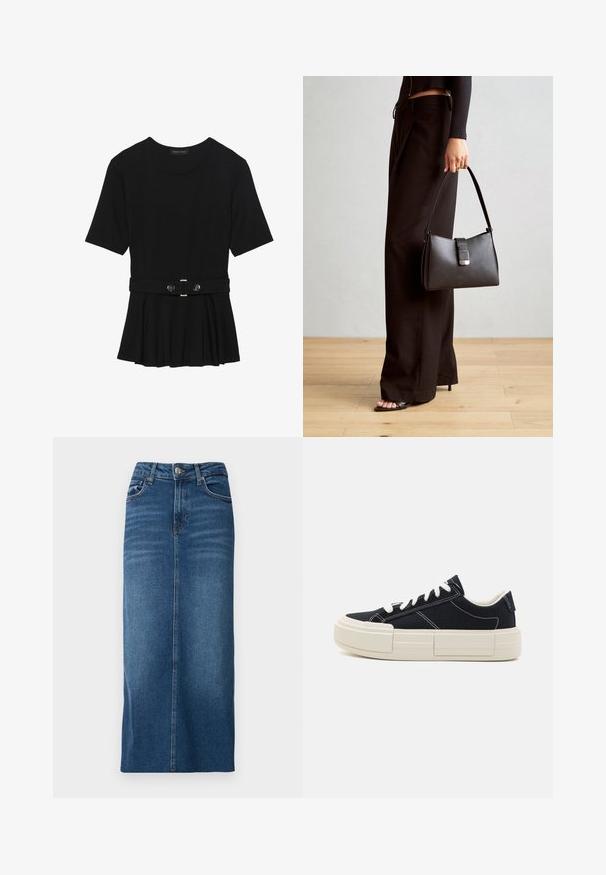 Black short-sleeve top made of smooth material, featuring a peplum design and a belted waist with two round, silver-tone buttons.; Denim midi skirt in dark blue with a straight cut, front button closure, and five-pocket design. Soft texture with slight fading details.; Black canvas sneakers with white laces and stitching. Features a chunky, textured white sole with a unique segmented design.; Black handbag with structured shape, smooth texture, and a metallic clasp. Paired with wide black pants and open-toe sandals on wooden floor.