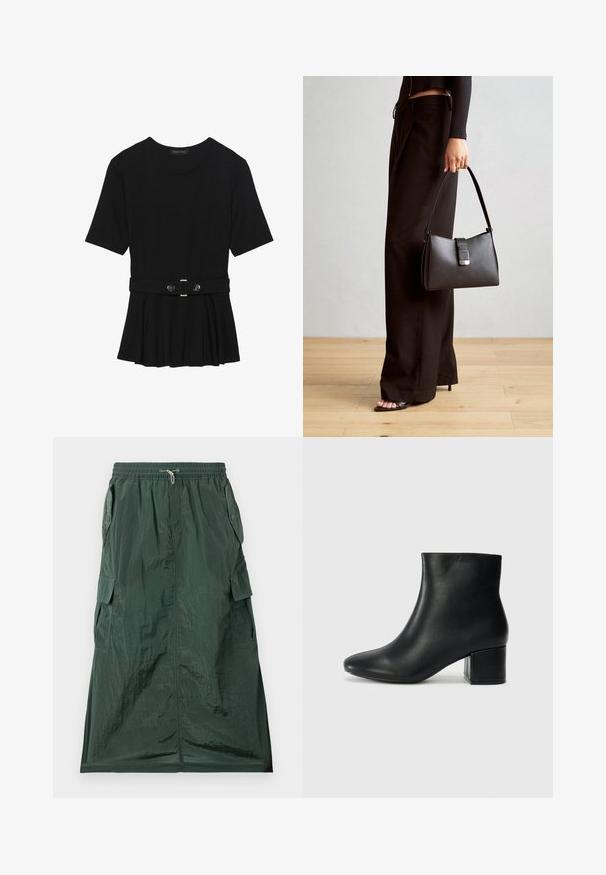 Svart kortermet topp laget av glatt materiale, med en peplum-design og en belted midje med to runde knapper i sølvfarge.; Grønt cargo-skjørt laget av lett, strukturert stoff. Har elastisk midjebånd, snor og flere sidelommer.; Sorte skinn ankelsko med spiss tå og chunky hæl. Glatt tekstur med minimale detaljer og et elegant, tettsittende design.; Svart håndveske med strukturert form, jevn tekstur og metallisk lås. Kombinert med brede svarte bukser og sandaler med åpen tå på tregulv.