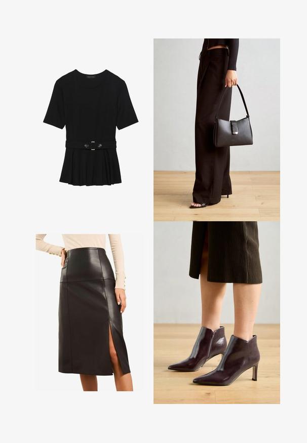 Top negru cu mâneci scurte, realizat dintr-un material neted, cu un design peplum și o talie beltată cu două butoane rotunde de culoare argintie.; Fustă midi neagră din piele, cu talie înaltă, având o fanta laterală, design elegant, textură netedă și fără accesorii metalice vizibile.; Botine din piele maron cu vârf ascuțit și toc subțire. Au un fermoar lateral și o textură netedă, lucioasă.; Genți negre cu o formă structurată, textură netedă și un închizător metalic. Asortată cu pantaloni negri largi și sandale cu vârf deschis pe un podea din lemn.