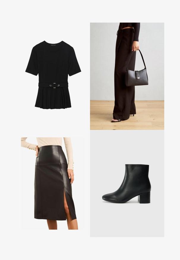 Must mustriga lühikeste varrukatega tipp, valmistatud siledast materjalist, millel on peplum-disain ja vöödiga talje, millel on kaks ümmargust, hõbedase tooni nuppu.; Must mustreidist kaitsega must nahkne seelik, millel on kõrge vöökoht, küljes lõhik, stiilne disain, sile tekstuur ning nähtavad detailid puuduvad.; Mustad nahast pahkluu saapad terava varbaga ja jämeda kandaga. Sile tekstuur minimaalse aktsentidega ja stiilne, lihvitud disain.; Must musta kott, millel on struktureeritud kuju, sile tekstuur ja metallist klamber. Kombineeritud laiate mustade pükstega ja avatud varvaste sandaalidega puidust põrandal.