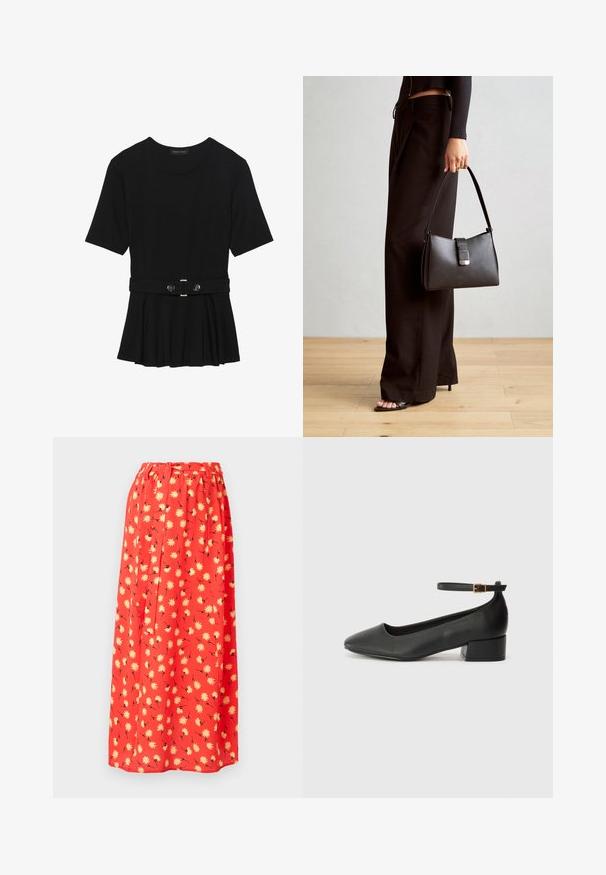 Schwarzes Kurzarmoberteil aus glattem Material, mit einem Peplum-Design und einem taillierten Bund, der mit zwei runden, silberfarbenen Knöpfen ausgestattet ist.; Roter Maxirock aus leichtem Stoff, mit einem floralen Muster von gelben Gänseblümchen und schwarzen Details. Elastischer Taillenbund für zusätzlichen Komfort.; Schwarze Lederpumps mit spitzem Zehenbereich und niedrigem Blockabsatz. Mit einem Knöchelriemen und einer goldfarbenen Schnalle. Glatte Textur.; Schwarze Handtasche mit strukturierter Form, glatter Textur und einem metallischen Verschluss. Kombiniert mit weiten schwarzen Hosen und offenen Sandalen auf einem Holzboden.