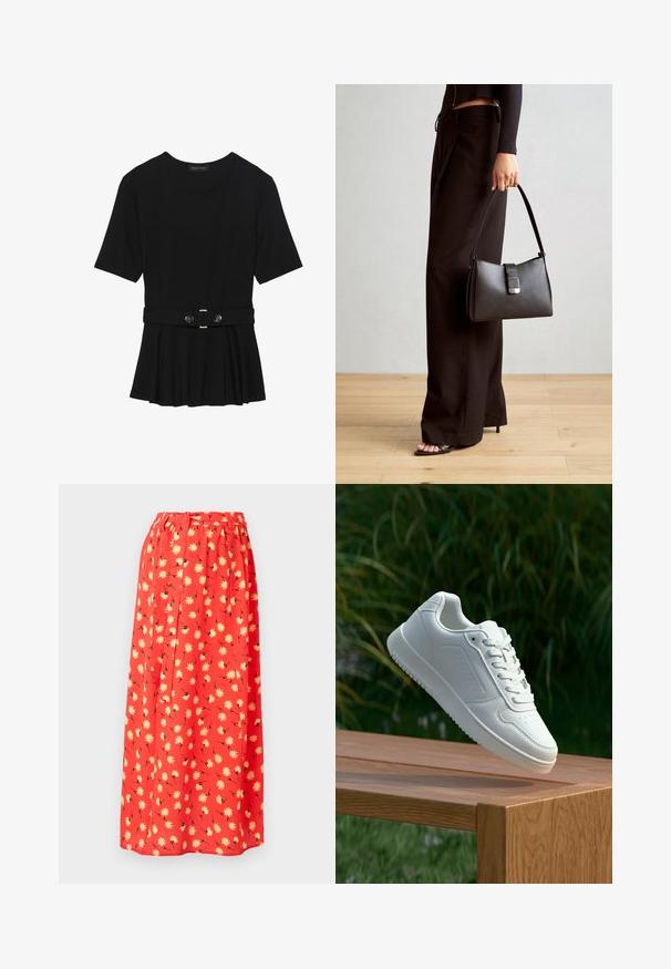 Haut noir à manches courtes fabriqué en matériau lisse, avec un design peplum et une taille ceinturée ornée de deux boutons ronds en métal argenté.; Jupe maxi rouge en tissu léger, ornée d'un motif floral avec des marguerites jaunes et des détails noirs. Ceinture élastique pour plus de confort.; Sneakers blanches avec une tige synthétique lisse, un avant perforé, des lacets plats et une semelle texturée, présentées sur une surface en bois.; Sac à main noir à la forme structurée, texture lisse et fermoir métallique. Associé à un pantalon noir ample et des sandales ouvertes sur un sol en bois.