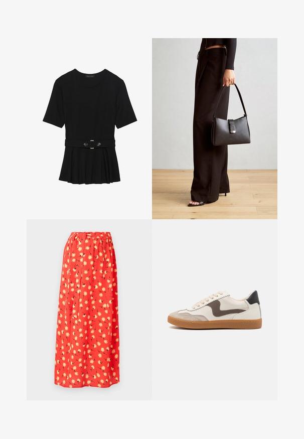 Haut noir à manches courtes fabriqué en matériau lisse, avec un design peplum et une taille ceinturée ornée de deux boutons ronds en métal argenté.; Jupe maxi rouge en tissu léger, ornée d'un motif floral avec des marguerites jaunes et des détails noirs. Ceinture élastique pour plus de confort.; Baskets avec une tige en cuir crème, un accent en suède marron foncé, des lacets beiges et une semelle en caoutchouc beige ; design classique à profil bas.; Sac à main noir à la forme structurée, texture lisse et fermoir métallique. Associé à un pantalon noir ample et des sandales ouvertes sur un sol en bois.