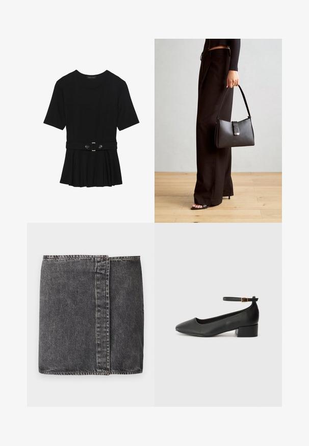 Melnas īsām piedurknēm topiņš, izgatavots no gludas materiāla, ar pepluma dizainu un jostu ar divām apaļām sudraba krāsas pogām.; Tumši pelēkas džinsa svārki ar taisnu piegriezumu, redzamām izšuvēm sānu šuvēs un neapstrādātu apakšmalu.; Melnas ādas sūkņi ar smailu purngalu un zemu bloku papēdi. Iezīmēts ar potītes siksniņu ar zelta krāsas sprādzi. Gluda tekstūra.; Melnā somiņa ar strukturētu formu, gludu tekstūru un metālu sprādzi. Saskaņota ar platām melnām biksēm un sandālēm ar atvērtu purngalu uz koka grīdas.