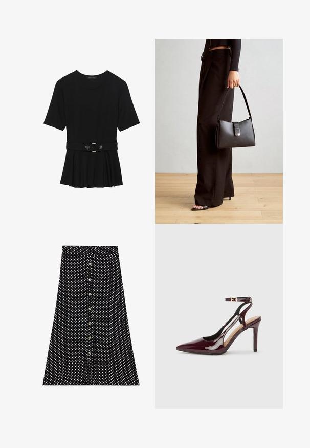 Schwarzes Kurzarmoberteil aus glattem Material, mit einem Peplum-Design und einem taillierten Bund, der mit zwei runden, silberfarbenen Knöpfen ausgestattet ist.; Schwarzer Rock mit weißen Punkten, mit durchgängigem Knopfverschluss, ausgestelltem Design und elastischem Bund. Glatte Stofftextur.; Burgunderrote Lackleder-Pumps mit spitzer Zehenpartie, Knöchelriemen und Ausstanzungen an den Seiten. Elegante und glänzende Oberfläche.; Schwarze Handtasche mit strukturierter Form, glatter Textur und einem metallischen Verschluss. Kombiniert mit weiten schwarzen Hosen und offenen Sandalen auf einem Holzboden.