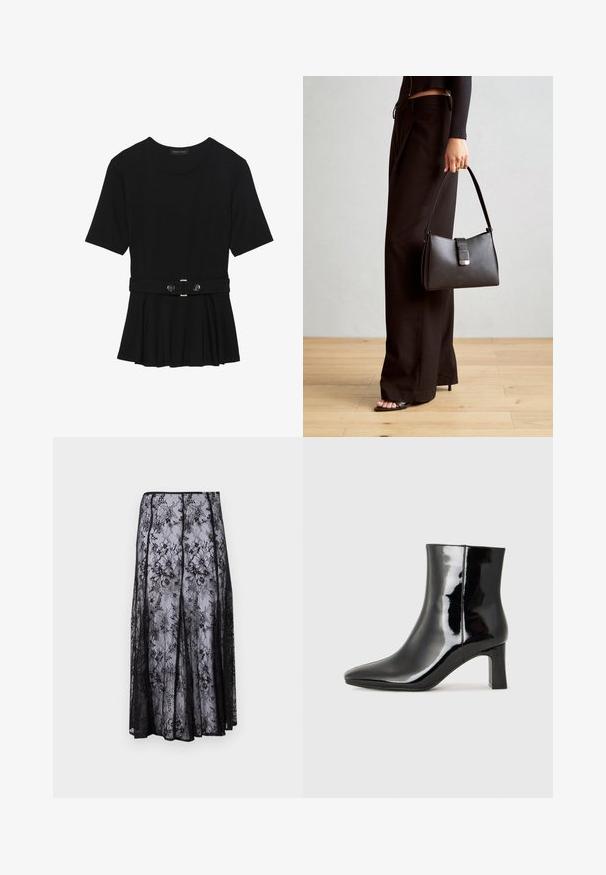 Juodas trumpomis rankovėmis viršus, pagamintas iš lygaus audinio, su peplum dizainu ir su diržu juosmenyje, papuoštas dviem apvaliomis sidabro spalvos mygtukais.; Juoda nėriniuotė sijonas su gėlių raštais, laisva siluetu ir banginėmis kraštinėmis, išryškinantis subtilią ir permatomą tekstūrą.; Juodos lakuotos odinės aulinukės su smailiu pirštu ir vidutinio aukščio blokuotu kulnu. Lygus paviršius ir minimalistinis dizainas.; Juodas rankinė struktūrizuota forma, lygi tekstūra ir metalinis užsegimas. Suporuota su plačiomis juodomis kelnėmis ir atvirais bateliais ant medinių grindų.