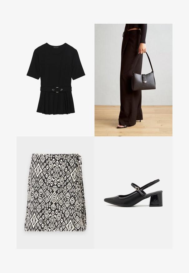 Črn kratek rokav srajca iz gladkega materiala, z obliko pepluma in pasom s pasom ter dvema okroglega srebrno-toniranima gumboma.; Črno-bela torba z geometrijskim diamantom, izdelana iz tkanine z teksturirano površino. Zasnovana z odprtjem na preklop.; Črne patentne usnjene salonarce s slingback obliko, s koničastim nosom, zaobljenim izrezom in blok peto. Imajo zlato kovinsko zaponko kot dodatno okrasje.; Črna torbica z strukturirano obliko, gladko teksturo in kovinskim zaponko. Ujemajo se z širokimi črnimi hlačami in odprtimi sandali na lesenem tleh.