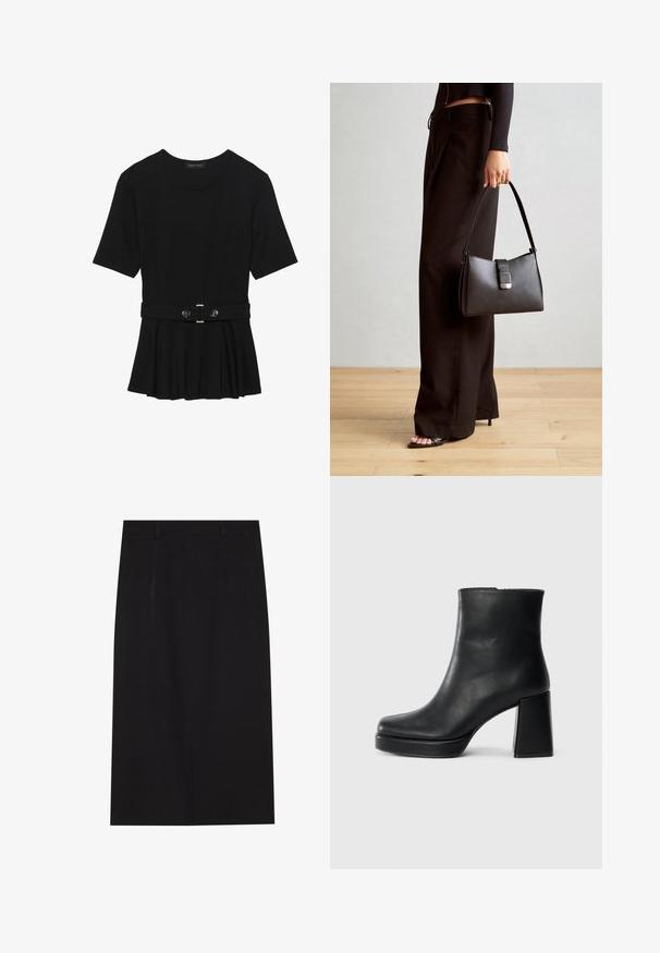 Svart kortermet topp laget av glatt materiale, med en peplum-design og en belted midje med to runde knapper i sølvfarge.; Svart knelang blyantkjole laget av glatt stoff. Har et rent design med to frontsømmene og en skjult glidelås bak.; Sorte skinnankelsko med blokkhæl og plattformsåle, sett fra siden på en enkel hvit bakgrunn.; Svart håndveske med strukturert form, jevn tekstur og metallisk lås. Kombinert med brede svarte bukser og sandaler med åpen tå på tregulv.