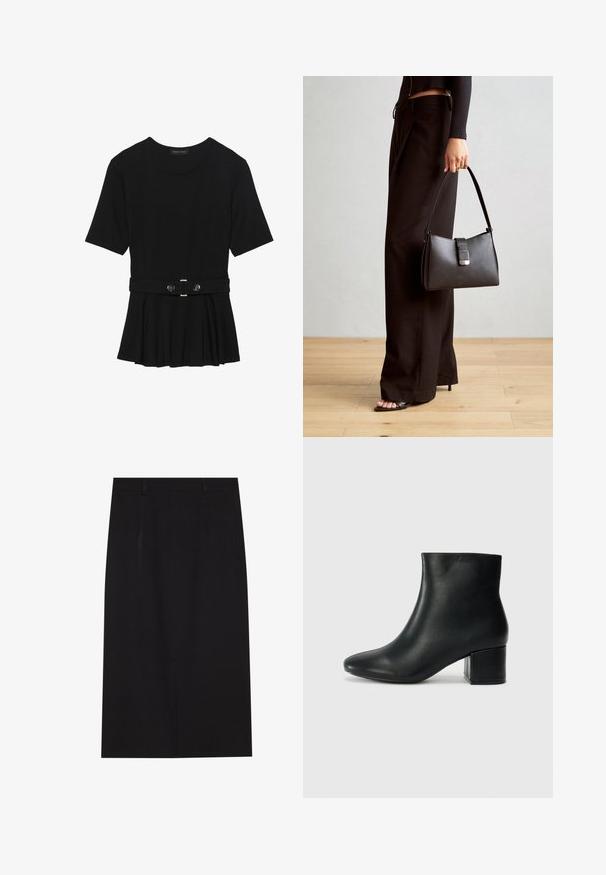Čierny krátky rukáv top vyrobený z hladkého materiálu, so strihom peplum a opaskom v páse so syntetickými guľatými striebornými gombíkmi.; Čierna sukňa po kolená v strihu zúženého ceruzkového typu vyrobená z hladkej tkaniny. Obsahuje jednoduchý dizajn s dvoma prednými švami a skrytým zipsom na zadnej strane.; Čierne kožené členkové čižmy s špicatou špičkou a hrubým podpätkom. Hladká textúra s minimálnymi akcentmi a elegantným, priliehavým dizajnom.; Čierna kabelka so štruktúrovaným tvarom, hladkou textúrou a kovovou sponou. V kombinácii so širokými čiernymi nohavicami a sandálmi s otvorenou špičkou na drevenej podlahe.