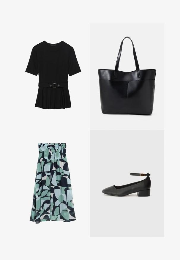 Top corto nero a maniche corte realizzato in materiale liscio, con design peplum e vita cintata adornata da due bottoni tondi in tono argento.; Gonna a palloncino in un leggero motivo astratto di menta e blu navy. Presenta una vita arricciata e un tessuto fluido e leggero con una texture morbida.; Pump in pelle nera con punta affusolata e tacco basso a blocco. Presenta una cinghia alla caviglia con una fibbia in tonalità oro. Texture liscia.; Borsa a tracolla in pelle nera con due manici lunghi, una texture liscia e una forma strutturata. Presenta una tasca frontale per ulteriore spazio di archiviazione.