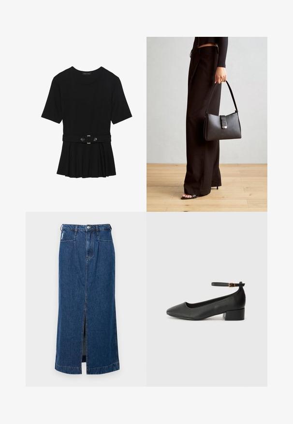 Schwarzes Kurzarmoberteil aus glattem Material, mit einem Peplum-Design und einem taillierten Bund, der mit zwei runden, silberfarbenen Knöpfen ausgestattet ist.; Dunkelblaue Denim-Midirock mit einem Schlitz vorne, Fünf-Taschen-Design und Gürtelschlaufen an der Taille. Glatte, robuste Textur.; Schwarze Lederpumps mit spitzem Zehenbereich und niedrigem Blockabsatz. Mit einem Knöchelriemen und einer goldfarbenen Schnalle. Glatte Textur.; Schwarze Handtasche mit strukturierter Form, glatter Textur und einem metallischen Verschluss. Kombiniert mit weiten schwarzen Hosen und offenen Sandalen auf einem Holzboden.