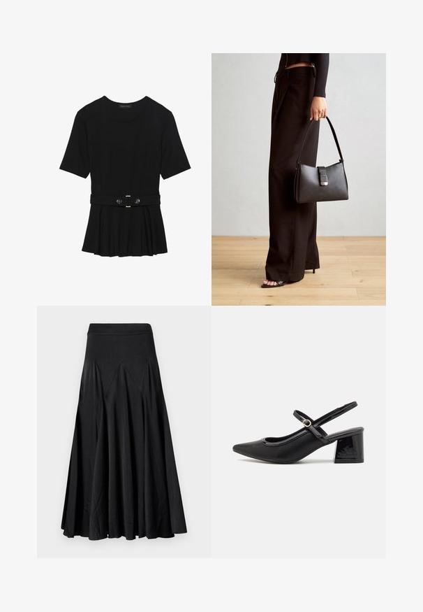 Svart kortermet topp laget av glatt materiale, med en peplum-design og en belted midje med to runde knapper i sølvfarge.; Svart, utsvakt skjørt med elastisk midje, laget av et glatt stoff, med plissert detaljering for ekstra tekstur og bevegelse.; Sorte lakk lær slingback hæler med spiss tå, et avrundet utskjæringsdesign og blokkheel. Har en gulltone spenne som detalj.; Svart håndveske med strukturert form, jevn tekstur og metallisk lås. Kombinert med brede svarte bukser og sandaler med åpen tå på tregulv.