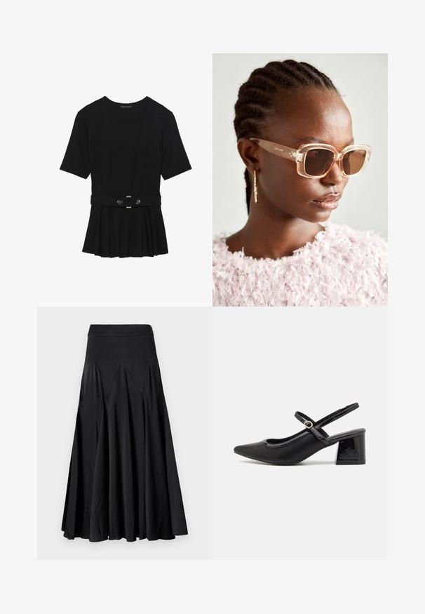 Haut noir à manches courtes fabriqué en matériau lisse, avec un design peplum et une taille ceinturée ornée de deux boutons ronds en métal argenté.; Jupe noire évasée avec une taille élastique, fabriquée à partir d'un tissu lisse, présentant des détails plissés pour une texture et un mouvement supplémentaires.; Escarpins slingback en cuir verni noir avec un embout pointu, un design à découpes arrondies et un talon carré. Présente un accent de boucle en ton doré.; Lunettes de soleil surdimensionnées beiges avec une monture transparente et des verres teintés marron, arborant des accents floraux subtils et un design géométrique audacieux.; Sac à main noir à la forme structurée, texture lisse et fermoir métallique. Associé à un pantalon noir ample et des sandales ouvertes sur un sol en bois.