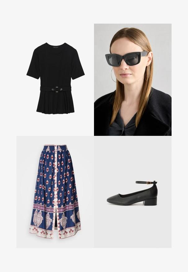 Top preto de mangas curtas, feito de material suave, com design peplum e uma cintura cinto com dois botões redondos em tom prateado.; Saia longa de algodão azul-marinho com padrões florais vermelhos, detalhes brancos, cintura elástica e fenda frontal. Design de borda intrincado em cores contrastantes.; Sandal de pele preta com bico pontiagudo e um salto bloco baixo. Apresenta uma tira no tornozelo com uma fivela em tom dourado. Textura suave.; Óculos de sol pretos em formato de gato com lentes escuras, armações grossas e acentos subtis. Usados com um casaco preto e uma blusa cinza, apresentando cabelo longo e liso.