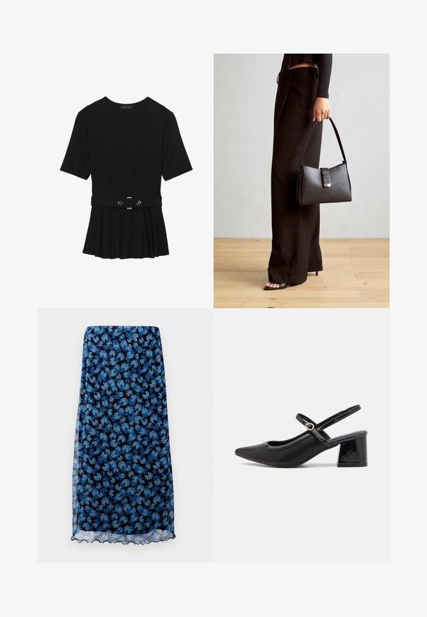Top negru cu mâneci scurte, realizat dintr-un material neted, cu un design peplum și o talie beltată cu două butoane rotunde de culoare argintie.; Fustă cu imprimeu floral în marin, cu modele de margarete albastre deschise, din material transparent, cu margine ondulată și siluetă dreaptă.; Cizme cu toc slingback din piele sintetică lacuită neagră, cu vârful ascuțit, un design cu decupaj rotunjit și toc bloc. Include un accent cu cataramă de culoare aurie.; Genți negre cu o formă structurată, textură netedă și un închizător metalic. Asortată cu pantaloni negri largi și sandale cu vârf deschis pe un podea din lemn.