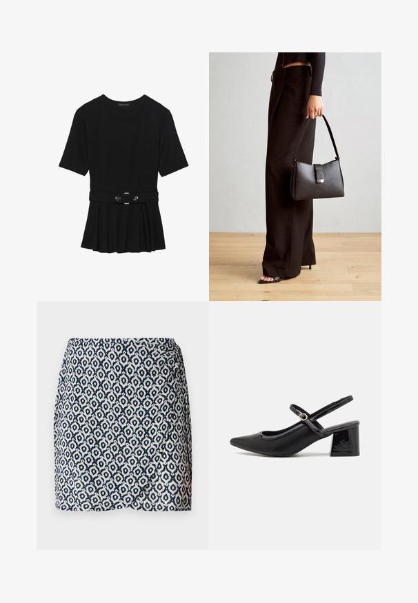 Juodas trumpomis rankovėmis viršus, pagamintas iš lygaus audinio, su peplum dizainu ir su diržu juosmenyje, papuoštas dviem apvaliomis sidabro spalvos mygtukais.; Tamsiai mėlyna ir balta raštuota apvyniota sijonas su geometriniais raštais, lengvas audinys, prigludusi talija ir lengvas drapavimas prie apatinio krašto.; Juodi patentinio odos slingback aukštakulniai su smailiu pirštu, apvaliu išpjovimu ir blokiniu kulnu. Papuošti auksiniu juostos akcentu.; Juodas rankinė struktūrizuota forma, lygi tekstūra ir metalinis užsegimas. Suporuota su plačiomis juodomis kelnėmis ir atvirais bateliais ant medinių grindų.