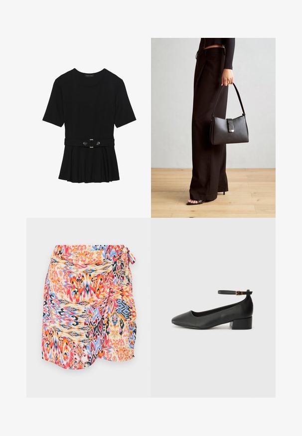 Top negru cu mâneci scurte, realizat dintr-un material neted, cu un design peplum și o talie beltată cu două butoane rotunde de culoare argintie.; Fustă înfășurată colorată, cu un model divers, având desene spirale în roșu, albastru, portocaliu și galben, cu un nod lateral și fabricată dintr-un material moale și ușor.; Pantof cu toc negru din piele, cu vârf ascuțit și toc mic pătrat. Dispune de o curea la gleznă cu o cataramă în tonuri de aur. Textură netedă.; Genți negre cu o formă structurată, textură netedă și un închizător metalic. Asortată cu pantaloni negri largi și sandale cu vârf deschis pe un podea din lemn.