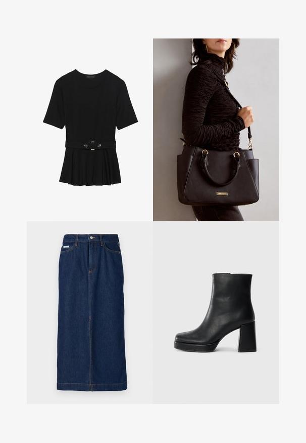 Top preto de mangas curtas, feito de material suave, com design peplum e uma cintura cinto com dois botões redondos em tom prateado.; Saia de ganga em azul escuro com corte reto, apresenta costuras laranja, uma cintura com passantes para cinto e bolsos frontais.; Bota de couro preta até ao tornozelo com salto bloco e sola com plataforma, vista de lado sobre um fundo branco liso.; Bolsa preta com superfície texturizada, alças superiores duplas e alça de ombro ajustável. Apresenta ferragens em tom dourado e bolsos laterais.