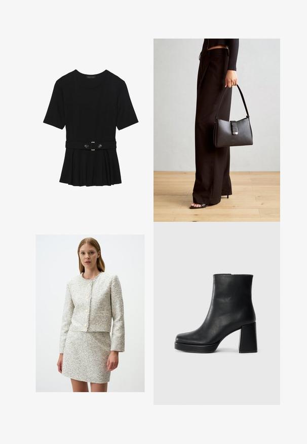 Schwarzes Kurzarmoberteil aus glattem Material, mit einem Peplum-Design und einem taillierten Bund, der mit zwei runden, silberfarbenen Knöpfen ausgestattet ist.; Weiß-blau gesprenkelte Tweedjacke mit Rundhals, kurzer Passform und fünf vorderen Knöpfen, kombiniert mit einem passenden Minirock.; Schwarze Leder-Stiefelette mit Blockabsatz und Plattformsohle, seitlich auf einem schlichten weißen Hintergrund betrachtet.; Schwarze Handtasche mit strukturierter Form, glatter Textur und einem metallischen Verschluss. Kombiniert mit weiten schwarzen Hosen und offenen Sandalen auf einem Holzboden.