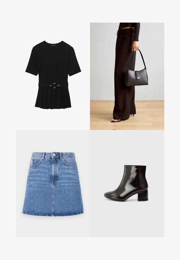Schwarzes Kurzarmoberteil aus glattem Material, mit einem Peplum-Design und einem taillierten Bund, der mit zwei runden, silberfarbenen Knöpfen ausgestattet ist.; Denimrock mit ausgestellt A-Linie, hellblauer Waschung, zwei Fronttaschen und Knopfverschluss am Bund. Sichtbare Nähte.; Schwarze Lackleder-Stiefeletten mit spitzer Zehe und einem klobigen Absatz. Glatte Textur mit einem dezenten Glanz und klaren Linien, minimalistisches Design.; Schwarze Handtasche mit strukturierter Form, glatter Textur und einem metallischen Verschluss. Kombiniert mit weiten schwarzen Hosen und offenen Sandalen auf einem Holzboden.