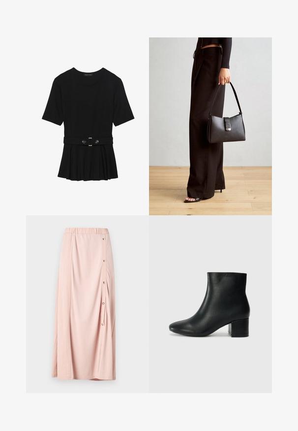 Melnas īsām piedurknēm topiņš, izgatavots no gludas materiāla, ar pepluma dizainu un jostu ar divām apaļām sudraba krāsas pogām.; Rozā maksi svārki ar elastīgu jostu, ar sānu pogu atsegumu un maigu, gludu audumu. Viegls un plūstošs dizains.; Melna ādas potīšu zābaki ar smailu purngalu un masīlu papēdi. Gluda tekstūra ar minimāliem akcentiem un gludu, pieguļošu dizainu.; Melnā somiņa ar strukturētu formu, gludu tekstūru un metālu sprādzi. Saskaņota ar platām melnām biksēm un sandālēm ar atvērtu purngalu uz koka grīdas.
