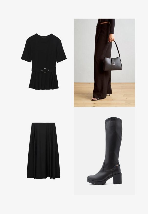 Črn kratek rokav srajca iz gladkega materiala, z obliko pepluma in pasom s pasom ter dvema okroglega srebrno-toniranima gumboma.; Črna, krila do kolen s razširjeno zasnovo, izdelana iz gladkega tkanine. Ima ravno pasnico in nobenih vidnih poudarkov ali vzorcev.; Črne gležnjarje do kolen iz gladkega usnja s kvadratnim nosom, debelim blok peto in teksturirano gumijasto podplato. Imajo diskretno logotipno podrobnost.; Črna torbica z strukturirano obliko, gladko teksturo in kovinskim zaponko. Ujemajo se z širokimi črnimi hlačami in odprtimi sandali na lesenem tleh.