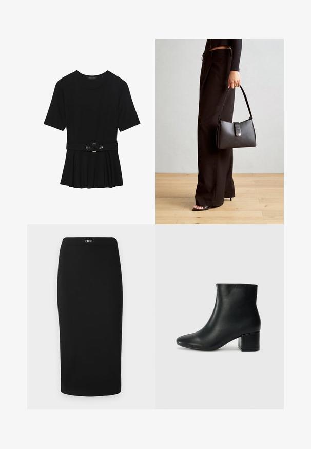Must mustriga lühikeste varrukatega tipp, valmistatud siledast materjalist, millel on peplum-disain ja vöödiga talje, millel on kaks ümmargust, hõbedase tooni nuppu.; Musterd mustreeritud must seelik, millel on lõikeline siluett ja valmistatud siledast kangast. Omab lihtsat kujundust ja vööd, millel on "OFF" logo.; Mustad nahast pahkluu saapad terava varbaga ja jämeda kandaga. Sile tekstuur minimaalse aktsentidega ja stiilne, lihvitud disain.; Must musta kott, millel on struktureeritud kuju, sile tekstuur ja metallist klamber. Kombineeritud laiate mustade pükstega ja avatud varvaste sandaalidega puidust põrandal.