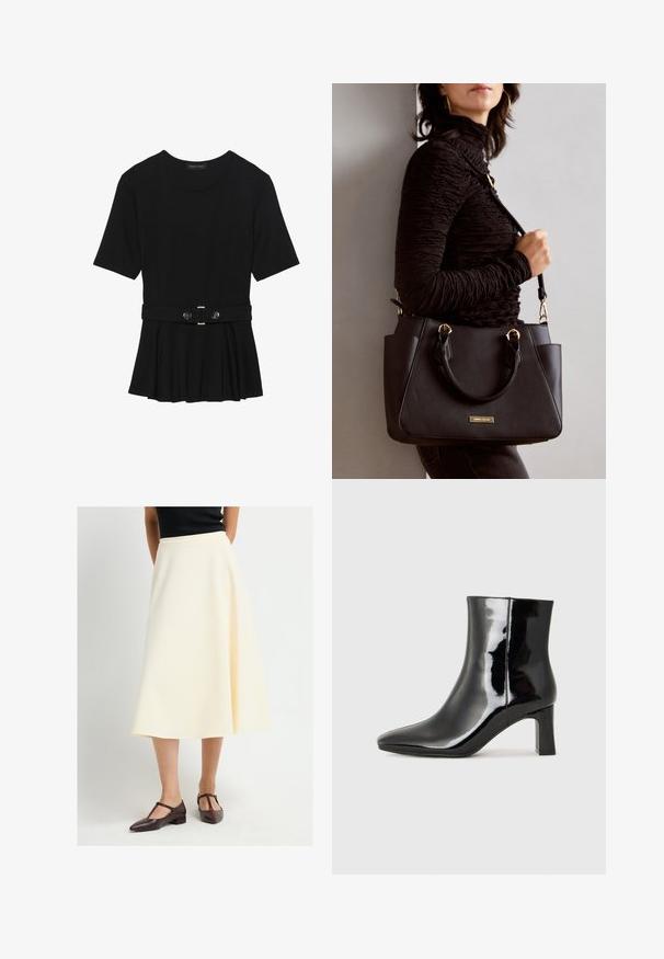 Haut noir à manches courtes fabriqué en matériau lisse, avec un design peplum et une taille ceinturée ornée de deux boutons ronds en métal argenté.; Femme portant une jupe midi couleur crème assortie à des chaussures à talons bas T-strap marron foncé, se tenant devant un fond blanc uni.; Bottines en cuir verni noir avec un bout pointu et un talon block de hauteur moyenne. Texture lisse et design minimaliste.; Sac à main noir avec surface texturée, deux poignées supérieures et bandoulière réglable. Doté de quincaillerie dorée et de poches latérales.