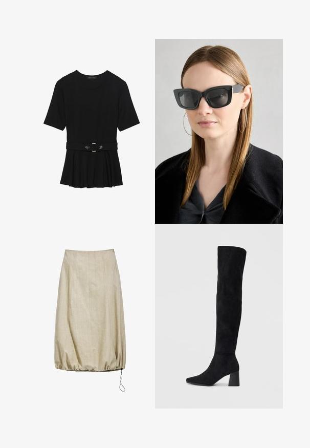 Top negru cu mâneci scurte, realizat dintr-un material neted, cu un design peplum și o talie beltată cu două butoane rotunde de culoare argintie.; Fustă bej dintr-un material ușor, cu un tiv plisat și detalii cu șnur. Textură netedă cu un design minimalist și o strălucire subtilă.; Cizme negre din suede, cu toc bloc, vârf ascuțit și un design neted, fără cusături, pe un fundal deschis.; Ochelari de soare negri tip cat-eye cu lentile întunecate, rame groase și accente subtile. Purtați cu o haină neagră și un top gri, având părul lung și drept.; Geantă de umăr din piele neagră, cu o formă plată, accente de metal auriu și o curea ajustabilă. Textură netedă cu detalii de cusătură minime.