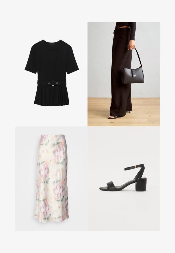 Haut noir à manches courtes fabriqué en matériau lisse, avec un design peplum et une taille ceinturée ornée de deux boutons ronds en métal argenté.; Jupe midi florale en tissu léger, dotée d'un imprimé aquarelle aux couleurs pastel, avec un design fluide et un léger éclat.; Sandale à talons noirs avec un dessus en cuir lisse, une ouverture à l'avant, de larges brides avant et une bride de cheville ajustable avec une boucle dorée.; Sac à main noir à la forme structurée, texture lisse et fermoir métallique. Associé à un pantalon noir ample et des sandales ouvertes sur un sol en bois.