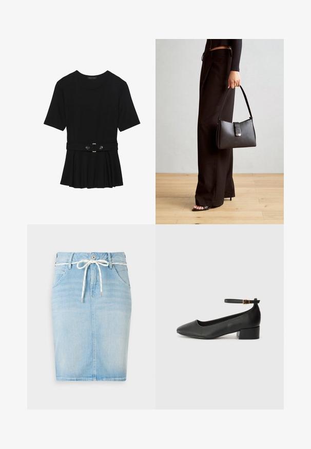 Top negru cu mâneci scurte, realizat dintr-un material neted, cu un design peplum și o talie beltată cu două butoane rotunde de culoare argintie.; Fustă din denim de un albastru deschis, cu talie ajustabilă prin șnur, cinci buzunare și o siluetă dreaptă. Are un model subtil decolorat pe întreaga suprafață.; Pantof cu toc negru din piele, cu vârf ascuțit și toc mic pătrat. Dispune de o curea la gleznă cu o cataramă în tonuri de aur. Textură netedă.; Genți negre cu o formă structurată, textură netedă și un închizător metalic. Asortată cu pantaloni negri largi și sandale cu vârf deschis pe un podea din lemn.