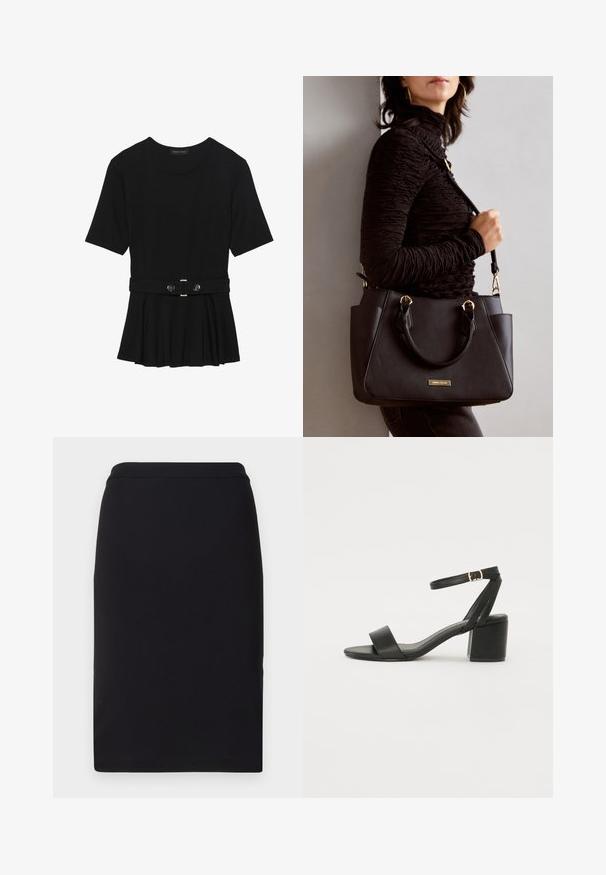 Fekete, rövid ujjú felső sima anyagból, peplum fazonnal és övvel a deréknál, két kerek, ezüst árnyalatú gombbal.; Fekete ceruzaszoknya rugalmas anyagból, sima textúrával és karcsú, egyenes szabással, illeszkedő derékkal.; Fekete magassarkú szandál sima bőr felső résszel, nyitott orral, széles elülső pántokkal és állítható bokapánttal, arany csat részlettel.; Fekete kézitáska texturált felülettel, dupla felső fogantyúval és állítható vállpánttal. Arany színű fém kiegészítők és oldalsó zsebek találhatók rajta.