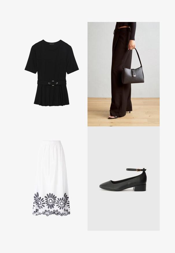 Čierny krátky rukáv top vyrobený z hladkého materiálu, so strihom peplum a opaskom v páse so syntetickými guľatými striebornými gombíkmi.; Biela dlhá sukňa vyrobená z tkaniny s elastickým pásom. Obsahuje zložitú námornícko-modrú kvetinovú výšivku pozdĺž lemu a zvlnenej hrany.; Čierne kožené lodičky s špicatou špičkou a nízkym blokovým podpätkom. Obsahuje remienok okolo členka so zlatým prackou. Hladký povrch.; Čierna kabelka so štruktúrovaným tvarom, hladkou textúrou a kovovou sponou. V kombinácii so širokými čiernymi nohavicami a sandálmi s otvorenou špičkou na drevenej podlahe.