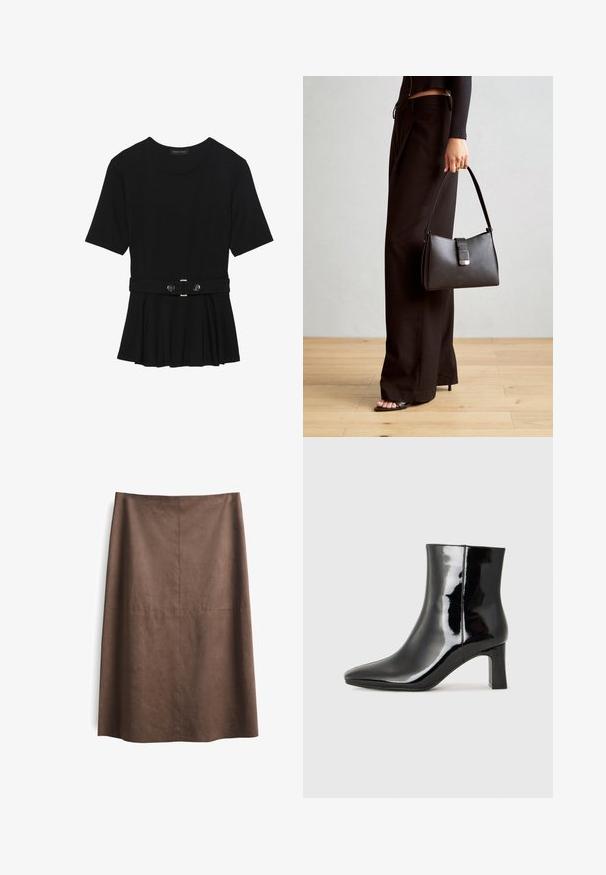Schwarzes Kurzarmoberteil aus glattem Material, mit einem Peplum-Design und einem taillierten Bund, der mit zwei runden, silberfarbenen Knöpfen ausgestattet ist.; Brauner Wildleder A-Linien-Rock mit glatter Textur, knielangem Design und subtilen Nahtdetails. Keine sichtbaren Beschläge oder Akzente.; Schwarzer Lackleder-Stiefelette mit spitzer Zehe und einem mittelhohen Blockabsatz. Glatte Textur und minimalistisches Design.; Schwarze Handtasche mit strukturierter Form, glatter Textur und einem metallischen Verschluss. Kombiniert mit weiten schwarzen Hosen und offenen Sandalen auf einem Holzboden.