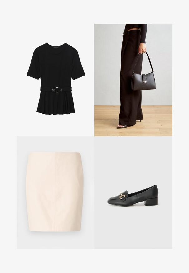 Top corto nero a maniche corte realizzato in materiale liscio, con design peplum e vita cintata adornata da due bottoni tondi in tono argento.; Gonna aderente beige con una texture liscia e linee pulite. Presenta una vita a media altezza e una silhouette dritta. Senza chiusure visibili o decorazioni.; Mocassini in pelle nera con tacco piatto, dotati di un dettaglio decorativo in metallo dorato nella parte anteriore e una superficie liscia.; Borsa nera con forma strutturata, texture liscia e una chiusura metallica. Abbinata a pantaloni neri larghi e sandali open-toe su un pavimento in legno.