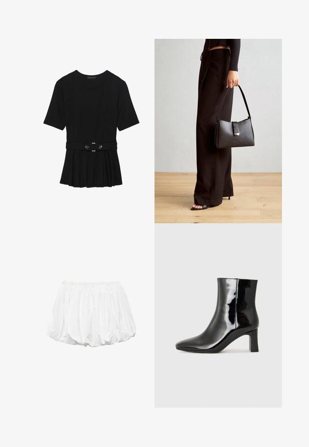 Zwart топ met korte mouwen van glad materiaal, voorzien van een peplum ontwerp en een riem in de taille met twee ronde, zilverkleurige knopen.; Witte katoenen ballonshorts met een elastische tailleband en een geplooid ontwerp, met een gladde textuur en ronde vorm.; Zwarte gepolijste leren enkellaars met een spitse neus en een blokhak van gemiddelde hoogte. Glad textuur en minimalistisch ontwerp.; Zwarte handtas met gestructureerde vorm, gladde textuur en een metalen sluiting. Gecombineerd met brede zwarte broeken en sandalen met open teen op een houten vloer.