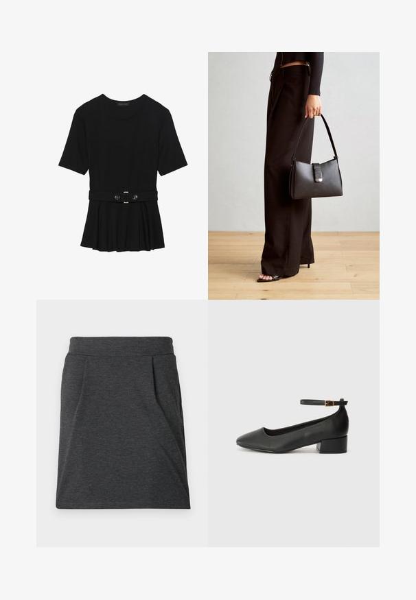 Haut noir à manches courtes fabriqué en matériau lisse, avec un design peplum et une taille ceinturée ornée de deux boutons ronds en métal argenté.; Jupe en tissu gris foncé avec une taille ajustée, dotée de plis pour plus de texture. Design droit, détails de couture minimaux et sans motifs.; Escarpin en cuir noir avec un bout pointu et un petit talon bloc. Doté d'une bride de cheville avec une boucle dorée. Texture lisse.; Sac à main noir à la forme structurée, texture lisse et fermoir métallique. Associé à un pantalon noir ample et des sandales ouvertes sur un sol en bois.