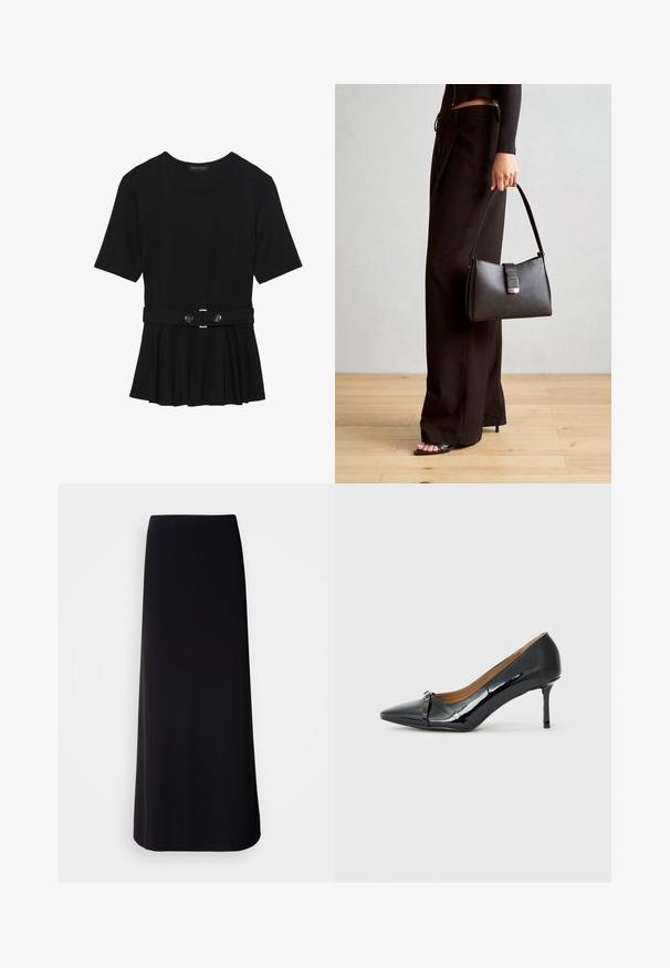 Črn kratek rokav srajca iz gladkega materiala, z obliko pepluma in pasom s pasom ter dvema okroglega srebrno-toniranima gumboma.; Črna, dolga krila iz gladkega blaga z ravno silhueto. Ima preprost, brez okrasen dizajn brez vidnih vzorcev ali okraskov.; Črne lakirane visoke pete z ostrim nosom, dekorativnim trakastim detajlom spredaj in tankim stiletto peto.; Črna torbica z strukturirano obliko, gladko teksturo in kovinskim zaponko. Ujemajo se z širokimi črnimi hlačami in odprtimi sandali na lesenem tleh.
