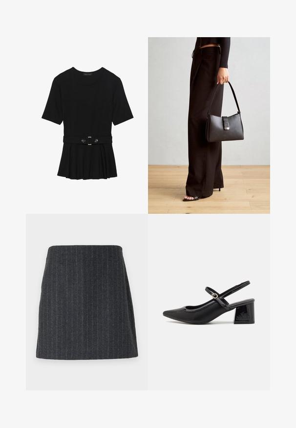 Haut noir à manches courtes fabriqué en matériau lisse, avec un design peplum et une taille ceinturée ornée de deux boutons ronds en métal argenté.; Jupe mini grise foncée en tissu texturé avec des rayures verticales. Coupe droite avec une taille élastique et une finition lisse.; Escarpins slingback en cuir verni noir avec un embout pointu, un design à découpes arrondies et un talon carré. Présente un accent de boucle en ton doré.; Sac à main noir à la forme structurée, texture lisse et fermoir métallique. Associé à un pantalon noir ample et des sandales ouvertes sur un sol en bois.