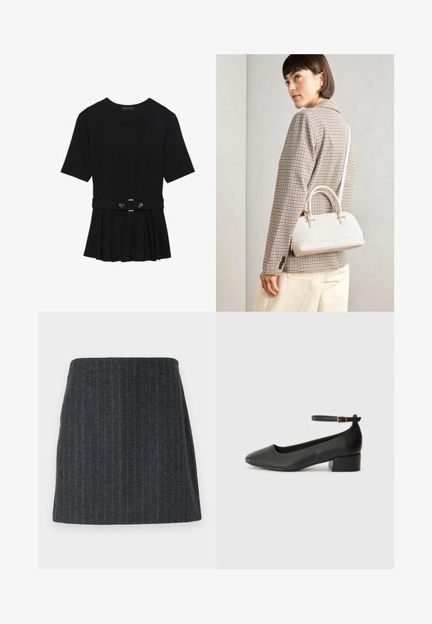 Črn kratek rokav srajca iz gladkega materiala, z obliko pepluma in pasom s pasom ter dvema okroglega srebrno-toniranima gumboma.; Temno siva mini krila iz teksturirane tkanine z navpičnimi črtami. Ravnina kroja z elastičnim pasom in gladkim zaključkom.; Črne usnjene pumpice z nazobčanimi prsti in nizko blokasto peto. Imajo trak okoli gležnja z zaponko v zlatem tonu. Gladka tekstura.; Bela strukturirana torba z kratkimi ročaji in naramnim trakom, z zlatimi okrasnimi elementi in teksturiranim materialom, prikazana na sivi podlagi.