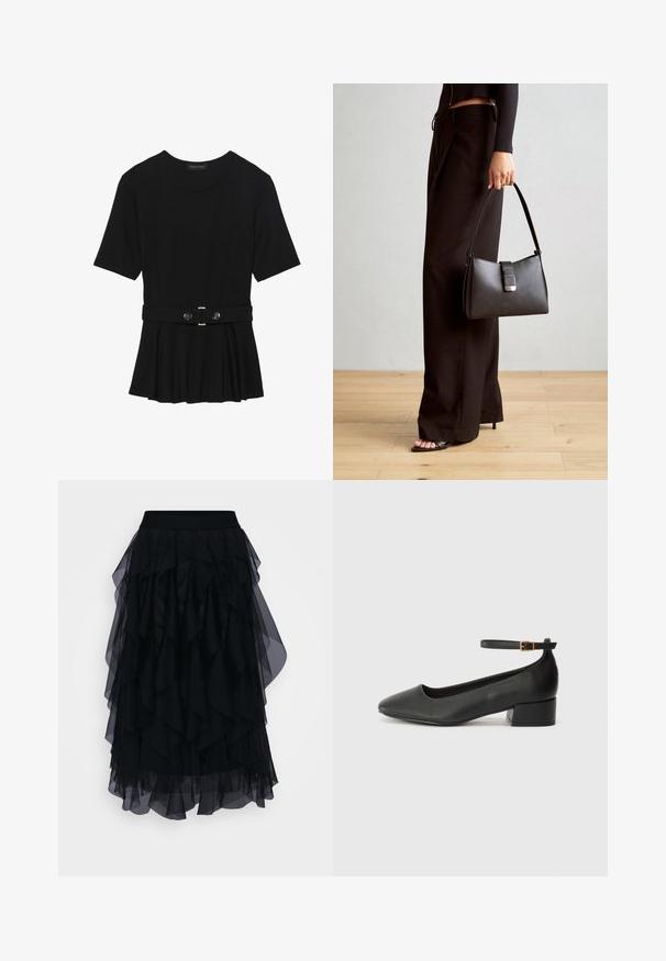 Fekete, rövid ujjú felső sima anyagból, peplum fazonnal és övvel a deréknál, két kerek, ezüst árnyalatú gombbal.; Fekete, rétegezett tüll szoknya széles, rugalmas derékpánttal. A dizájn ráncolt rétegeket tartalmaz átlátszó véggel, amelyek könnyed, áramló siluettet kölcsönöznek.; Fekete bőr magassarkú cipő hegyes orral és alacsony tömb sarkal. Bokapánttal rendelkezik, aranyszínű csattal. Simább textúra.; Fekete kézi táska strukturált formával, sima textúrával és fémből készült záródással. Széles fekete nadrággal és nyitott orrú szandállal párosítva, fából készült padlón.